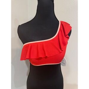 Lost + Wander Red Ruffle One‎ Shoulder Ribbed Swim Top Trendy Size S